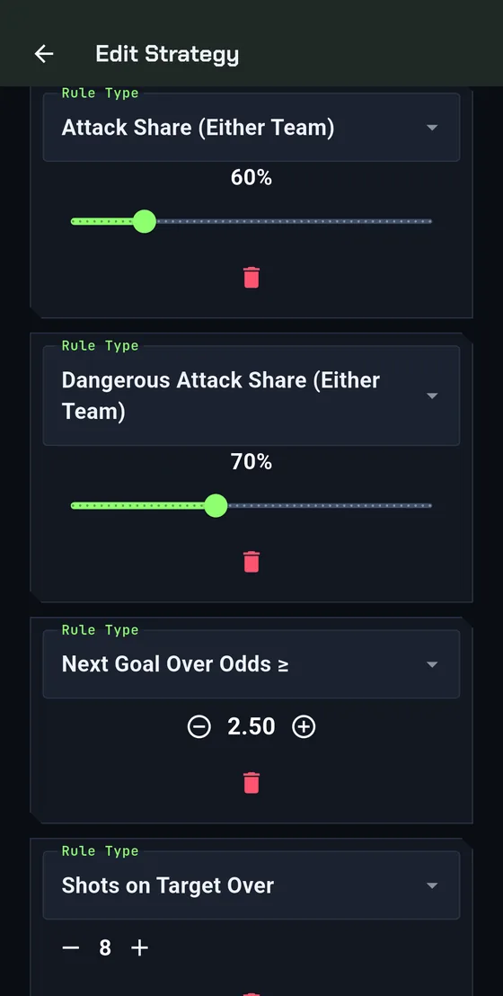 Strategy editor with sliders and values for attack share, dangerous attack share, next goal odds and shots on target