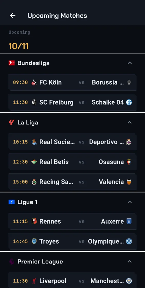 Upcoming matches grouped by league, shown in local time
